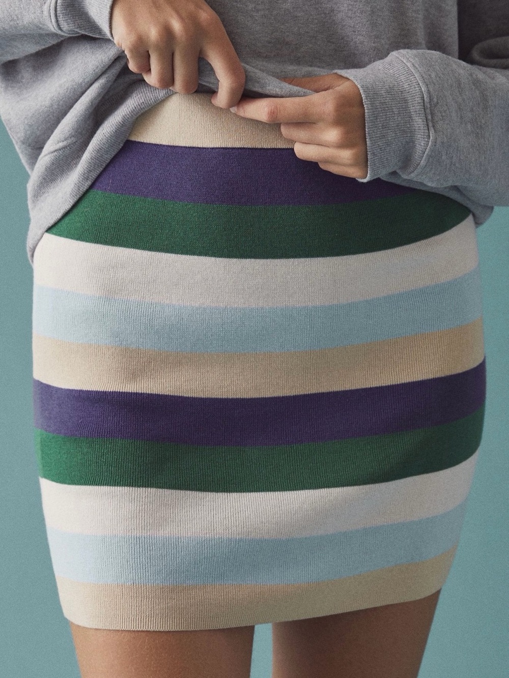Anthro, Striped Knit Mini Skirt in Green, Purple, Light Blue, Cream